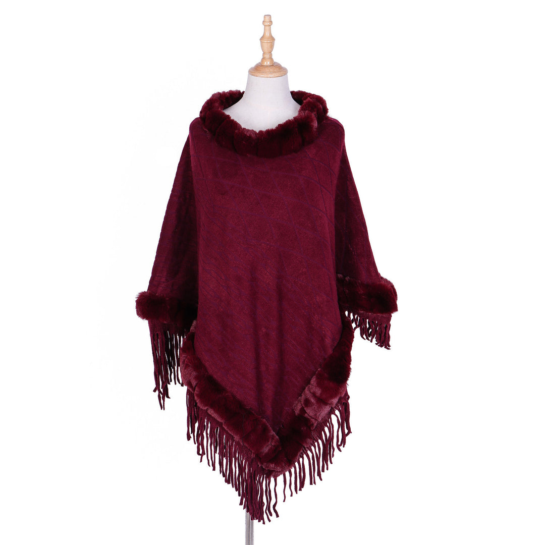 Damen Wolloptik-Ruana mit Kunstfellkragen, Fransensaum und Oversize-Fall Echo Archiv