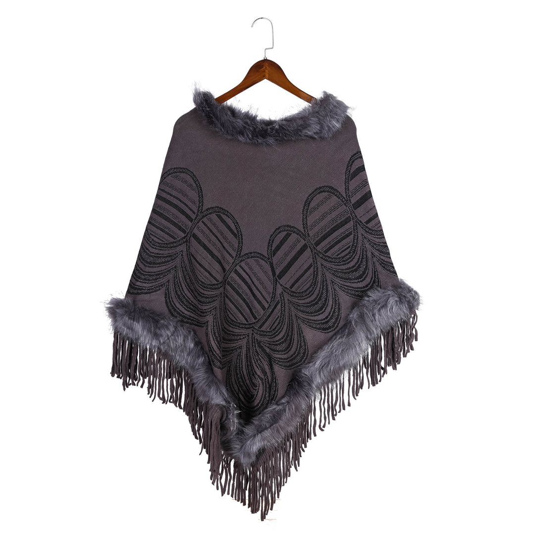 Damen Fransen‑Poncho mit Kunstfellbesatz und Jacquard‑Ruana Echo Archiv