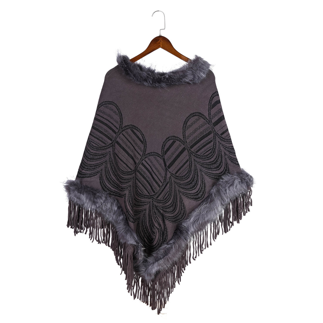 Damen Fransen‑Poncho mit Kunstfellbesatz und Jacquard‑Ruana – Célinea