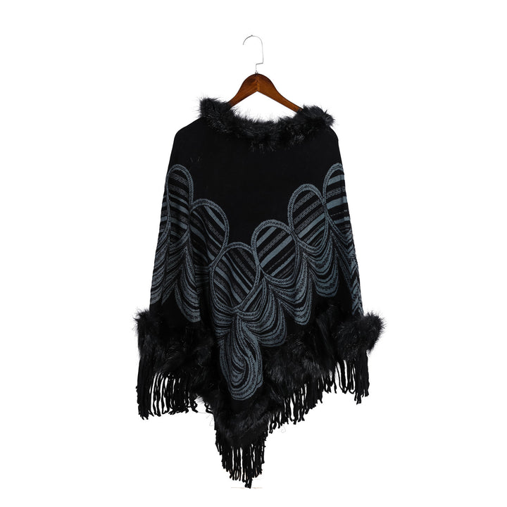 Damen Fransen‑Poncho mit Kunstfellbesatz und Jacquard‑Ruana Echo Archiv