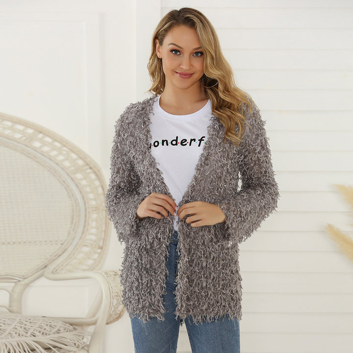 Damen Flauschiger Shaggy-Cardigan mit offener Front & lockerer Passform – Veloura