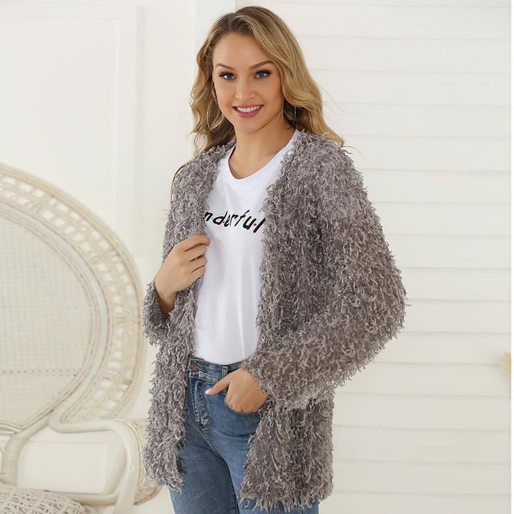 Damen Flauschiger Shaggy-Cardigan mit offener Front & lockerer Passform – Veloura