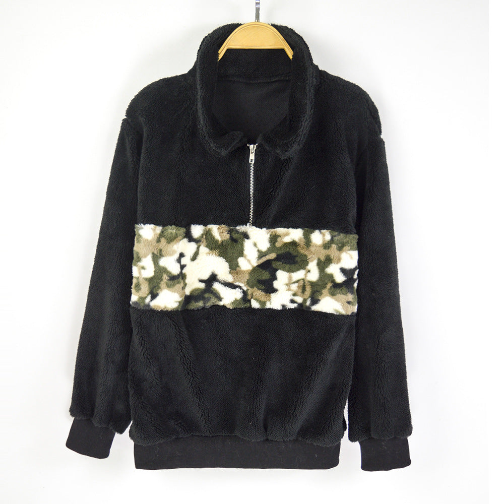 Damen Teddy-Fleece-Pullover mit kurzem Reißverschluss & Camouflage-Bund Echoarchiv