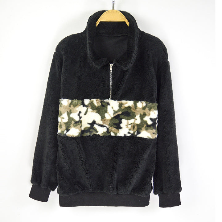 Damen Teddy-Fleece-Pullover mit kurzem Reißverschluss & Camouflage-Bund Echoarchiv