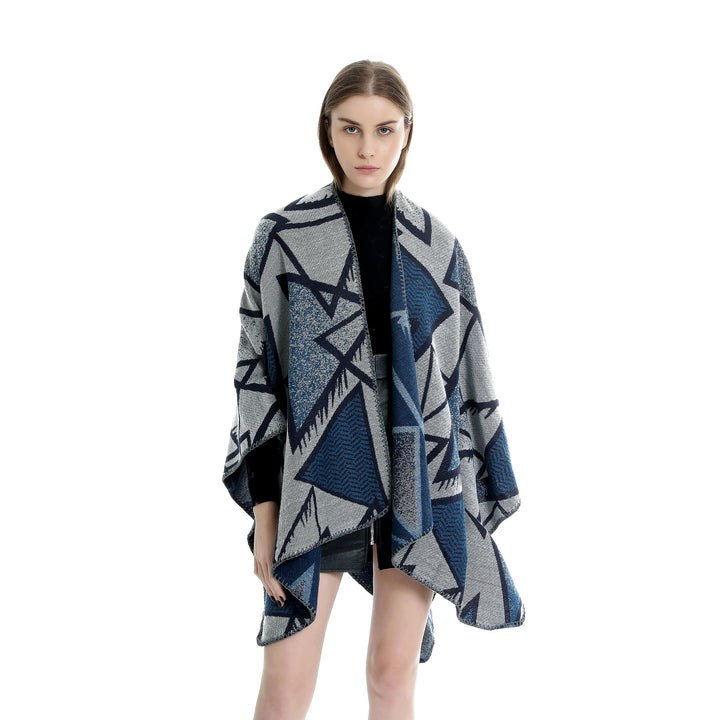 Damen Geometrischer Jacquard-Ruana-Überwurf mit offenem Fall und Zierkante – Avérine