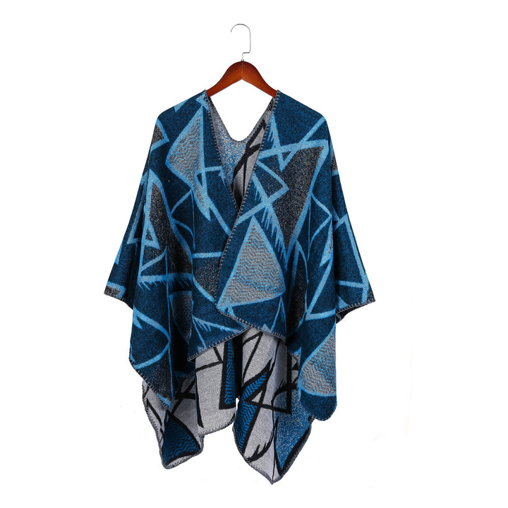 Damen Geometrischer Jacquard-Ruana-Überwurf mit offenem Fall und Zierkante – Avérine