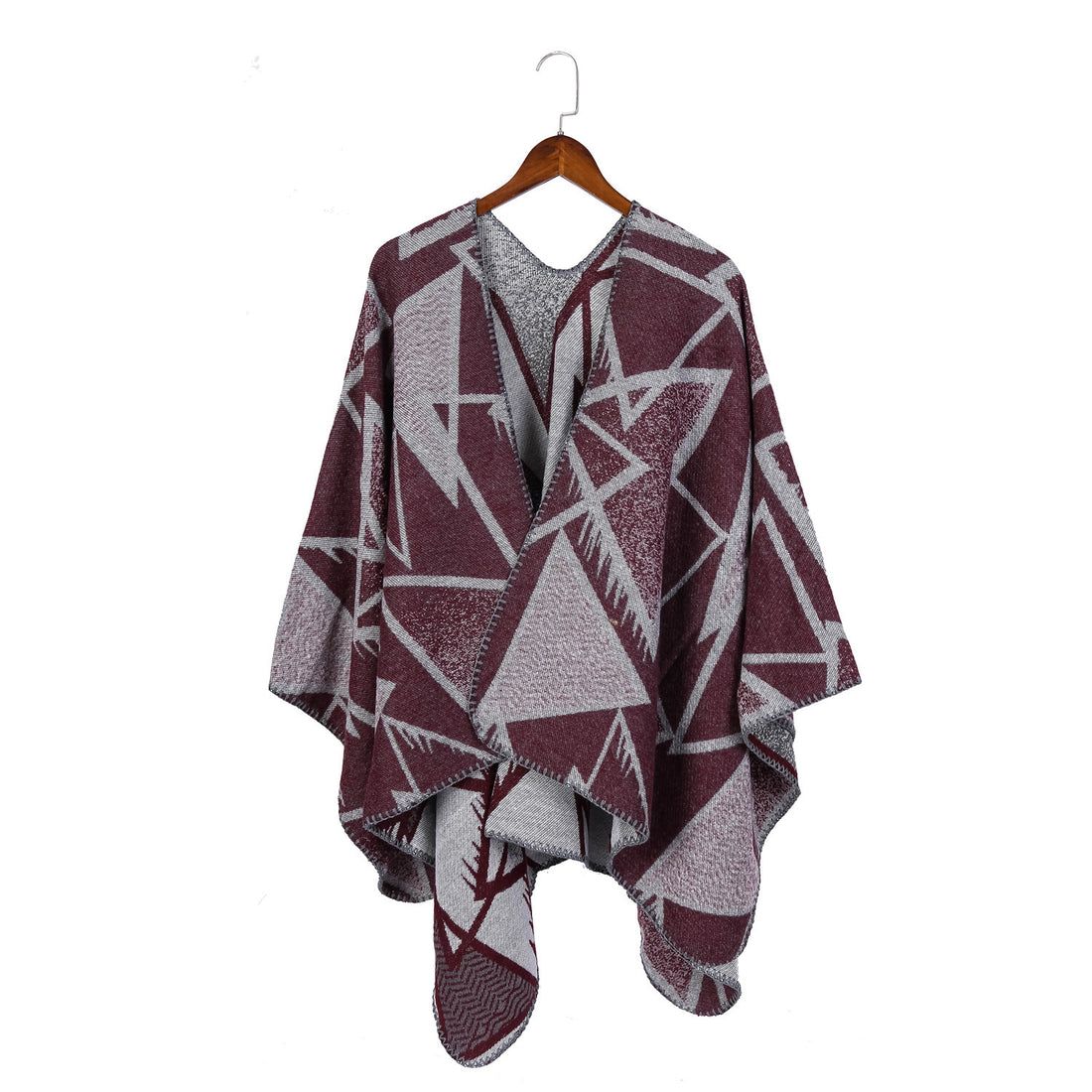 Damen Geometrischer Jacquard-Ruana-Überwurf mit offenem Fall und Zierkante – Avérine