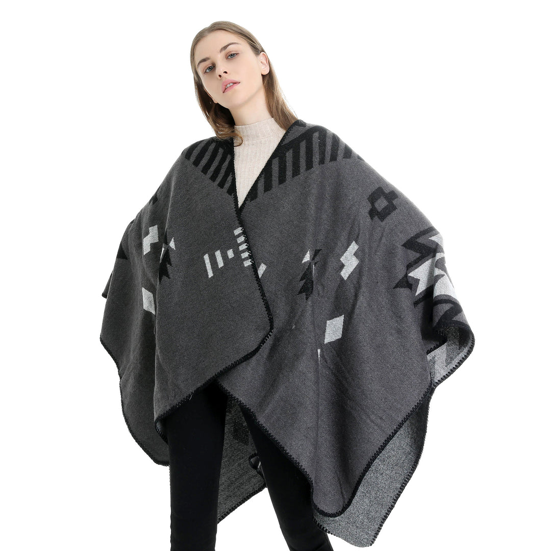 Damen Jacquard-Ruana-Umhang mit geometrischem Muster und Wendefinish Echo Archiv