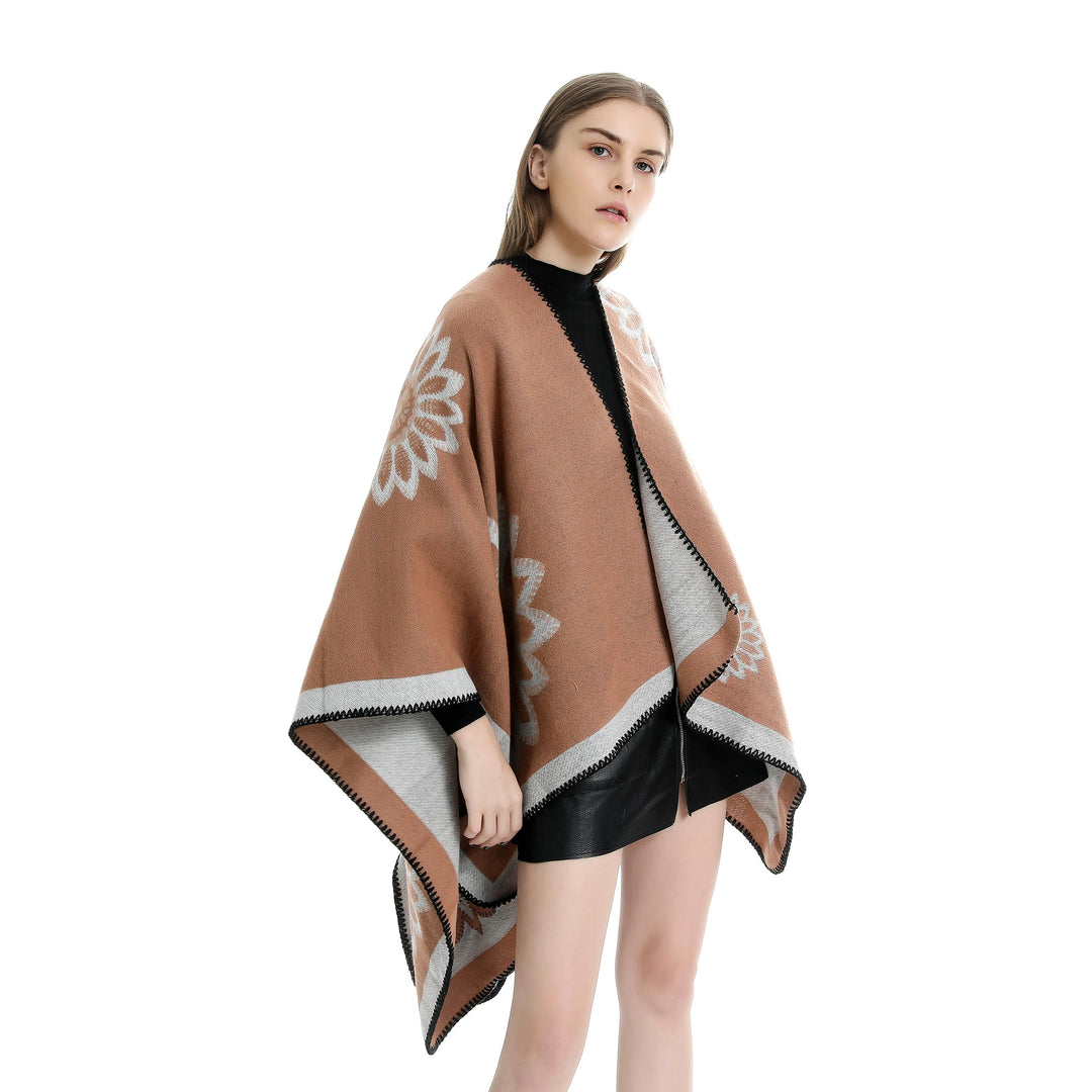 Damen Wollmix‑Ruana mit floraler Intarsienjacquard und offener Kimono‑Silhouette – Veloura