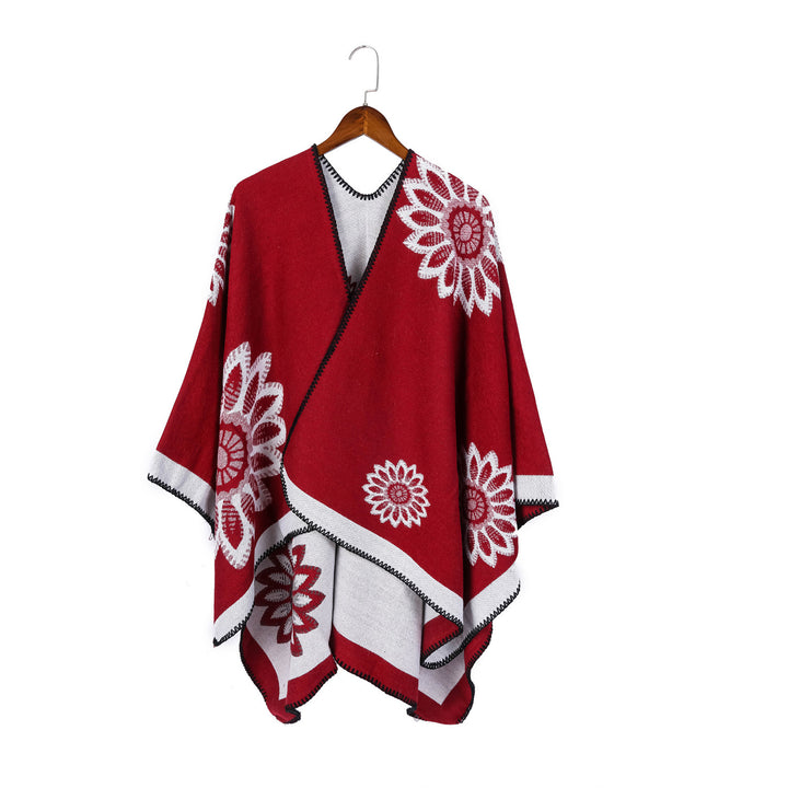 Damen Wollmix‑Ruana mit floraler Intarsienjacquard und offener Kimono‑Silhouette – Veloura