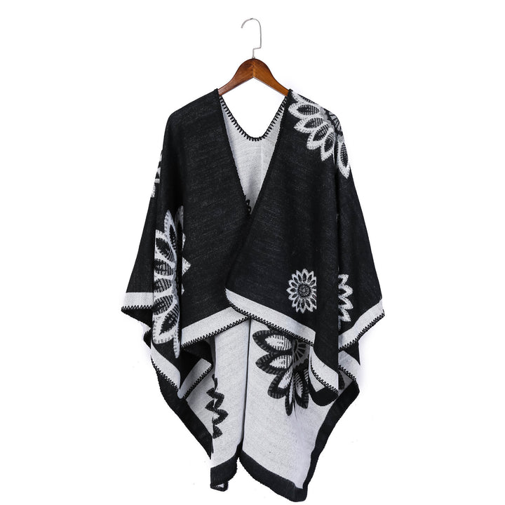 Damen Wollmix‑Ruana mit floraler Intarsienjacquard und offener Kimono‑Silhouette – Veloura