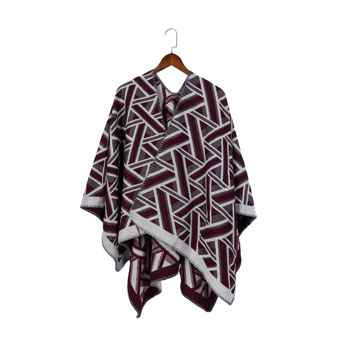 Damen Oversize-Ruana mit geometrischem Jacquard und Ziernaht – Avérine