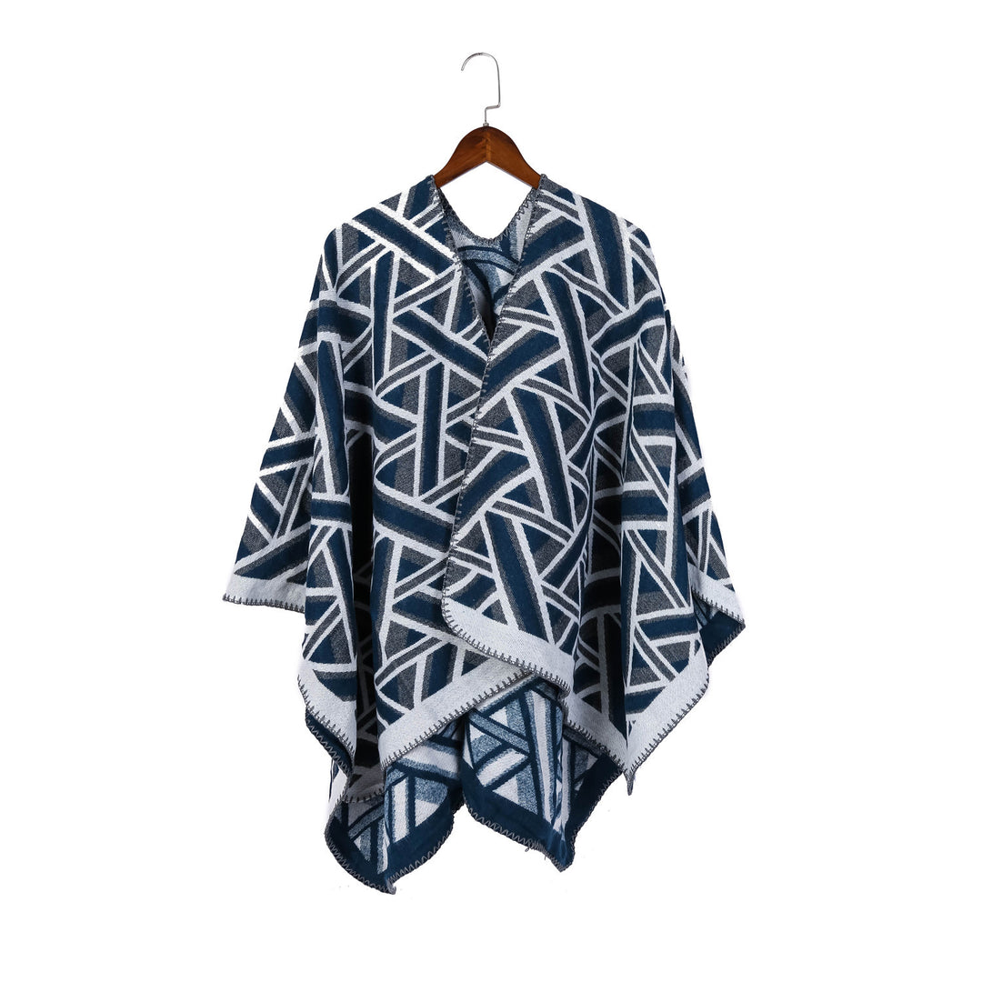 Damen Oversize-Ruana mit geometrischem Jacquard und Ziernaht – Avérine