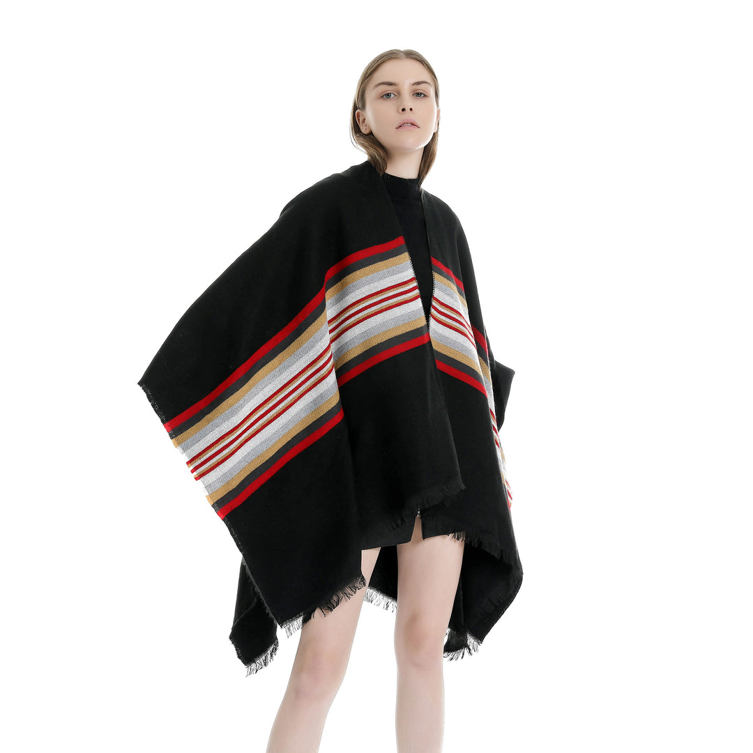 Damen Lässiger Ruana-Poncho aus Wollmix mit asymmetrischem Zipfel und feinem Streifenjacquard – Célinea