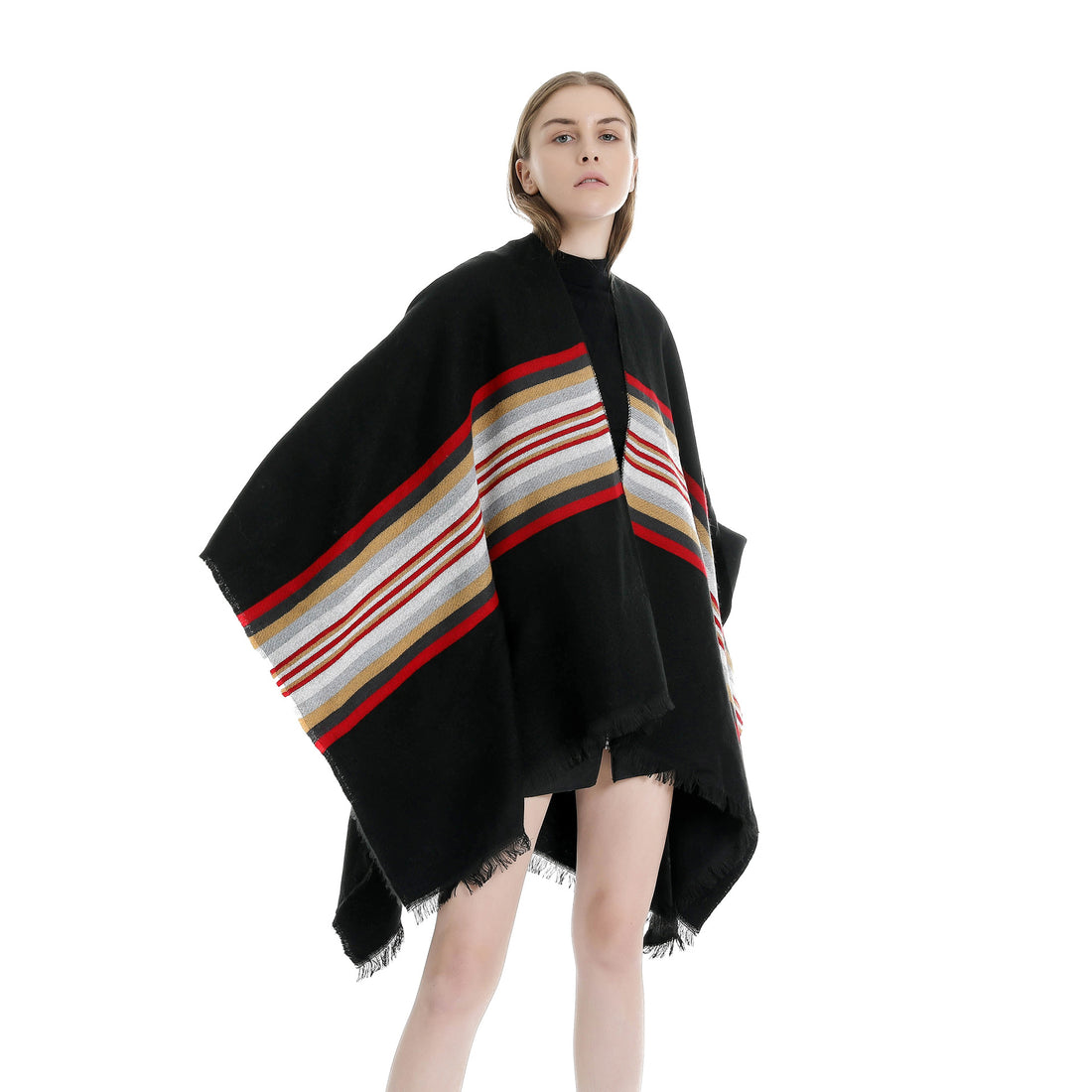 Damen Lässiger Ruana-Poncho aus Wollmix mit asymmetrischem Zipfel und feinem Streifenjacquard – Célinea
