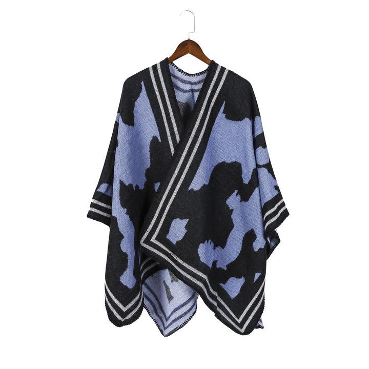 Damen Oversize-Feinstrick-Ruana mit abstraktem Jacquard und kontrastierter Kantenbordüre – Veloura