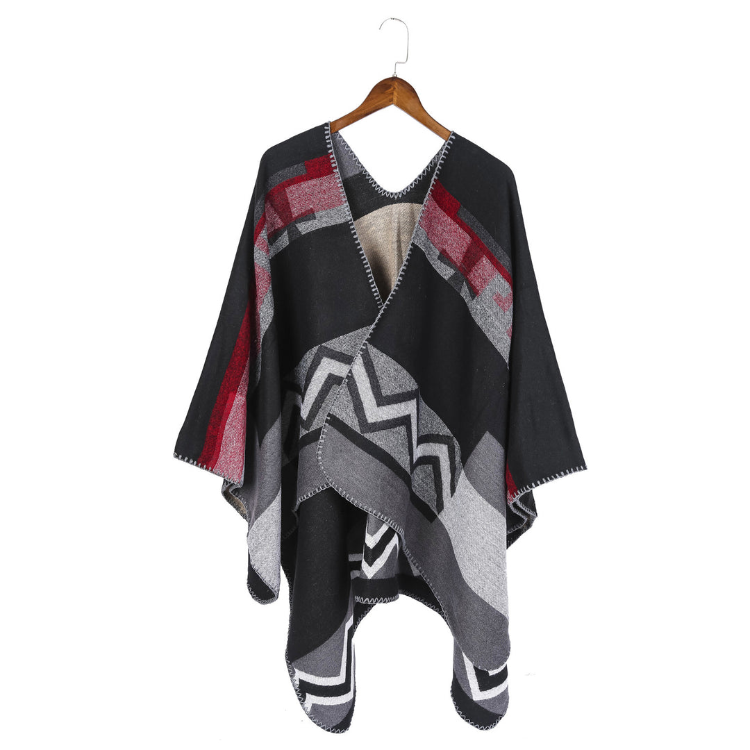 Damen Geometrischer Jacquard‑Ruana‑Überwurf mit V‑Ausschnitt und Zierstichkante – Célinea