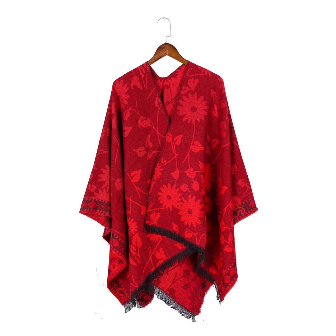 Damen Jacquard‑Ruana‑Poncho mit floralem Jacquard, Fransensaum und weichem Wollmix – Montévia
