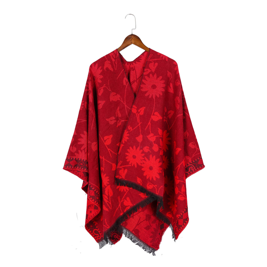 Damen Jacquard‑Ruana‑Poncho mit floralem Jacquard, Fransensaum und weichem Wollmix – Montévia