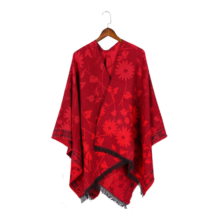 Damen Jacquard‑Ruana‑Poncho mit floralem Jacquard, Fransensaum und weichem Wollmix – Montévia