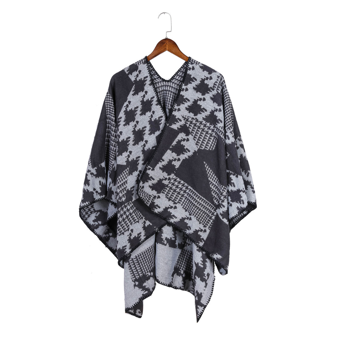 Damen Cape‑Poncho im Ruana‑Schnitt mit dekorativer Kettelkante und zweifarbiger Jacquardstruktur – Montévia