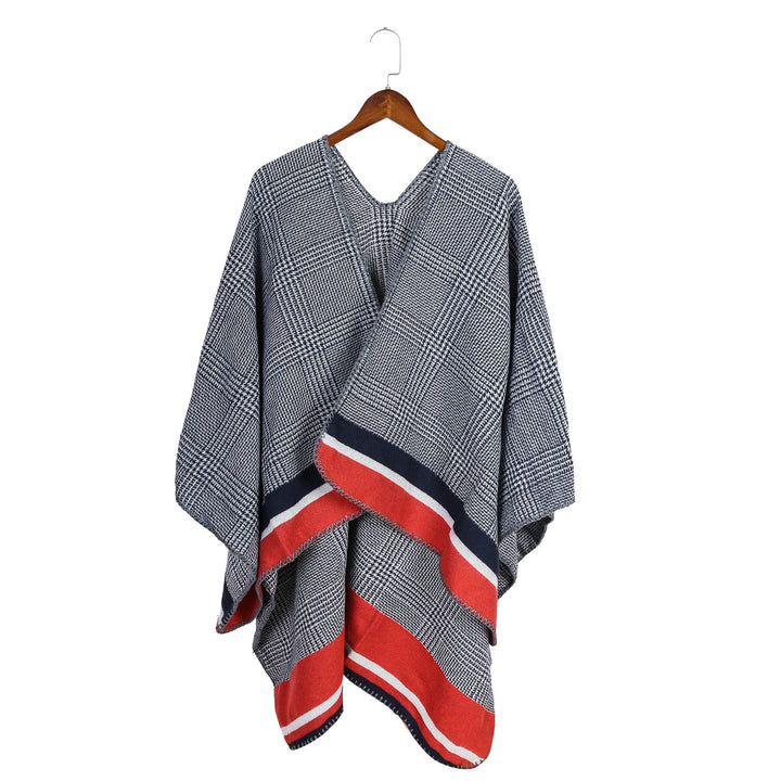 Damen Oversize-Ruana aus Wollmix mit Karojacquard und farbigem Streifenrand – Avérine