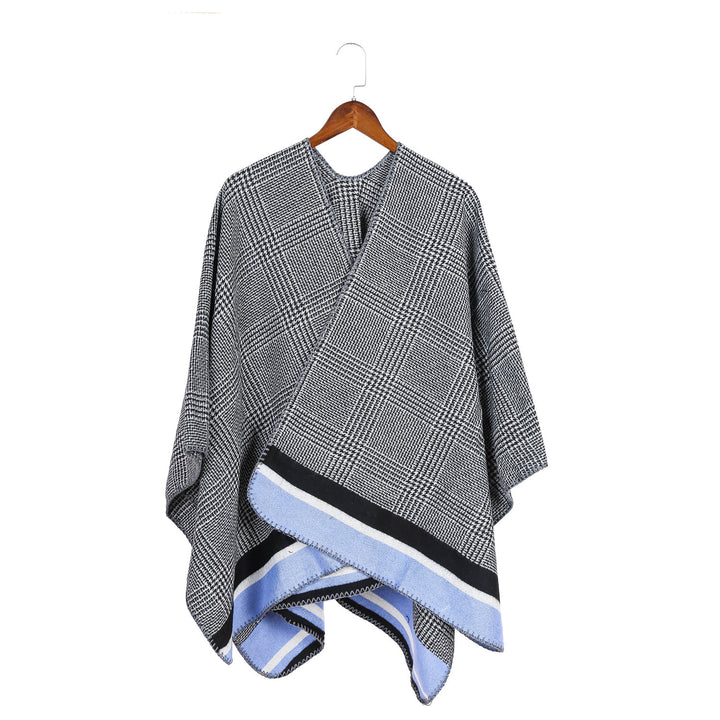 Damen Oversize-Ruana aus Wollmix mit Karojacquard und farbigem Streifenrand – Avérine