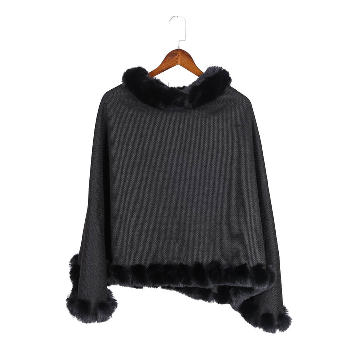 Damen Fein gestrickter Ruana-Poncho mit Kunstfellbesatz und asymmetrischem Saum – Célinea