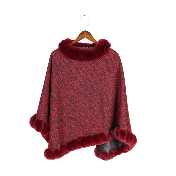 Damen Fein gestrickter Ruana-Poncho mit Kunstfellbesatz und asymmetrischem Saum – Célinea