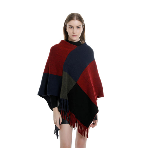 Damen Oversize-Ruana-Poncho mit farbigen Blockelementen und Fransensaum Echo Archiv