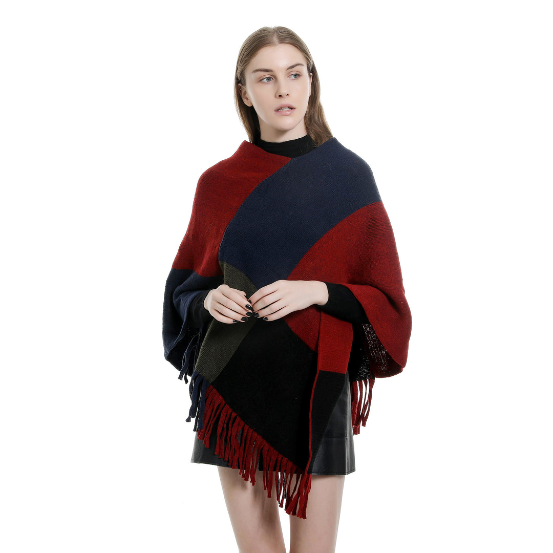 Damen Oversize-Ruana-Poncho mit farbigen Blockelementen und Fransensaum Echo Archiv