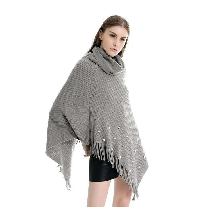 Damen Feinstrick-Poncho mit Rollkragen, Perlenapplikation und Fransensaum Echo Archiv