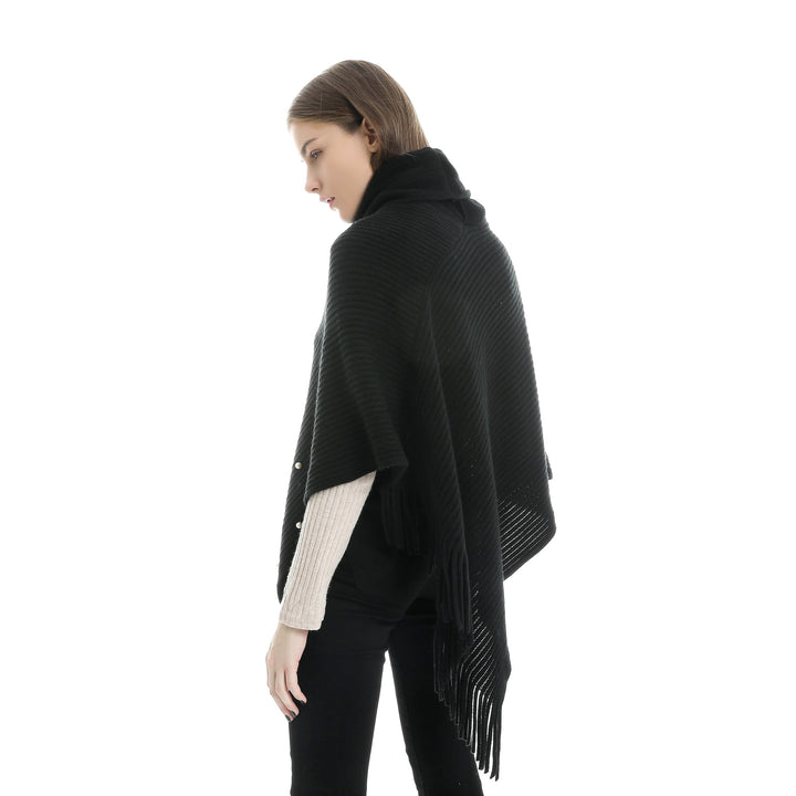 Damen Feinstrick-Poncho mit Rollkragen, Perlenapplikation und Fransensaum Echo Archiv