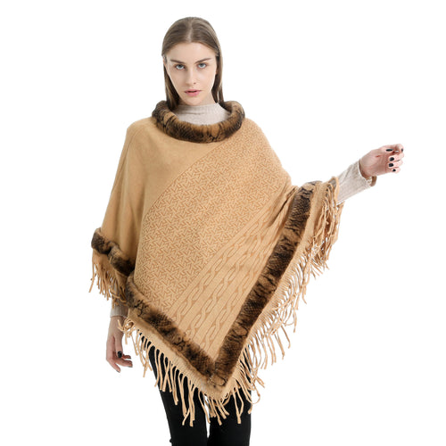 Damen Eleganter Wollmix‑Poncho mit Kunstfellbesatz und Fransensaum Echo Archiv
