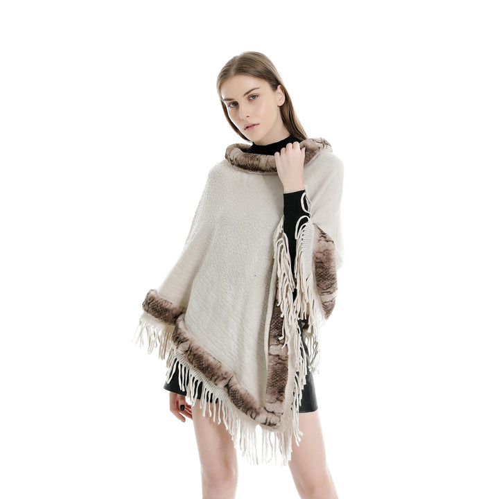 Damen Eleganter Wollmix‑Poncho mit Kunstfellbesatz und Fransensaum Echo Archiv