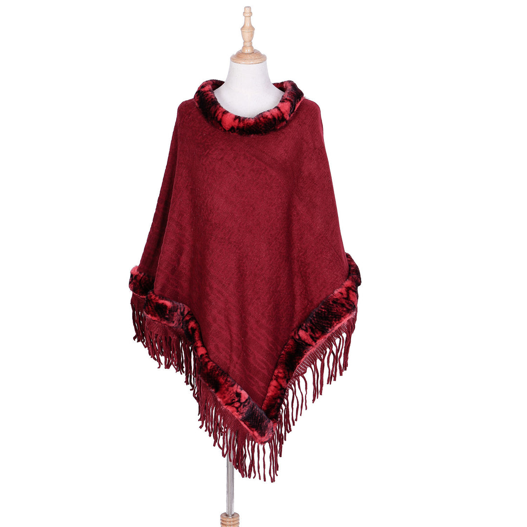 Damen Eleganter Wollmix‑Poncho mit Kunstfellbesatz und Fransensaum Echo Archiv