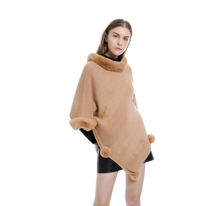 Damen Ruana-Poncho mit Kunstfellbesatz, Kaschmir-Touch und Bommel-Saum – Célinea