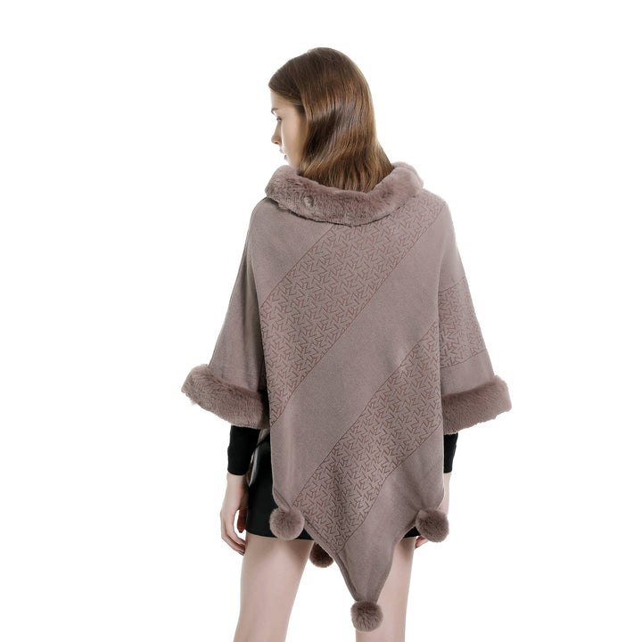 Damen Ruana-Poncho mit Kunstfellbesatz, Kaschmir-Touch und Bommel-Saum – Célinea
