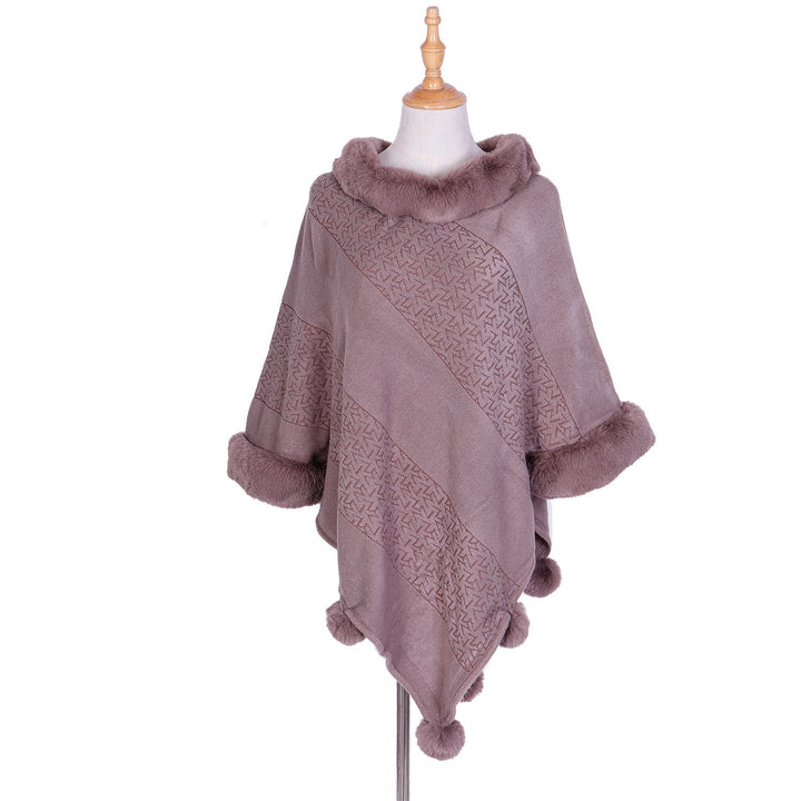 Damen Ruana-Poncho mit Kunstfellbesatz, Kaschmir-Touch und Bommel-Saum – Célinea