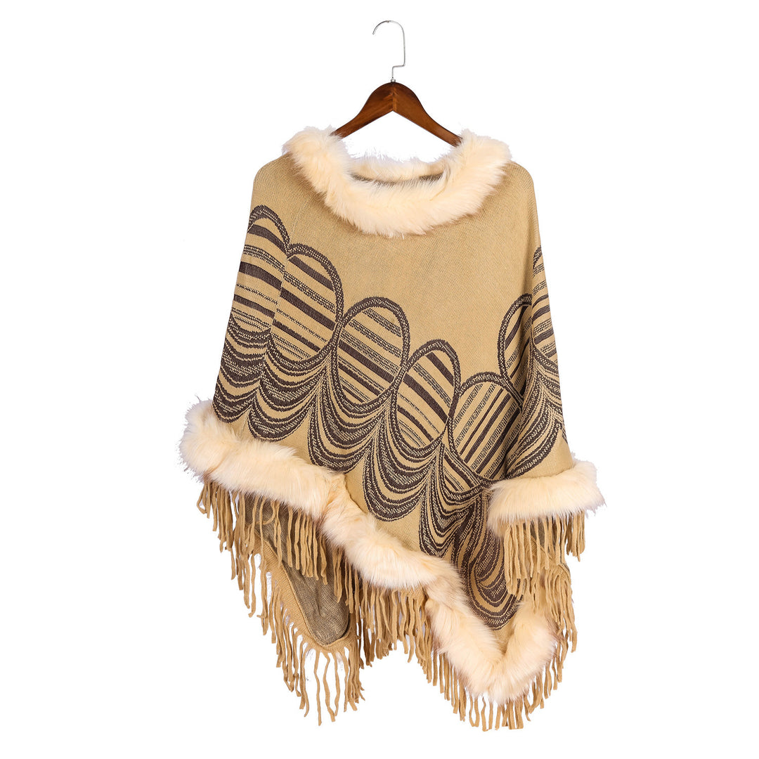 Damen Fransen‑Poncho mit Kunstfellbesatz und Jacquard‑Ruana Echo Archiv