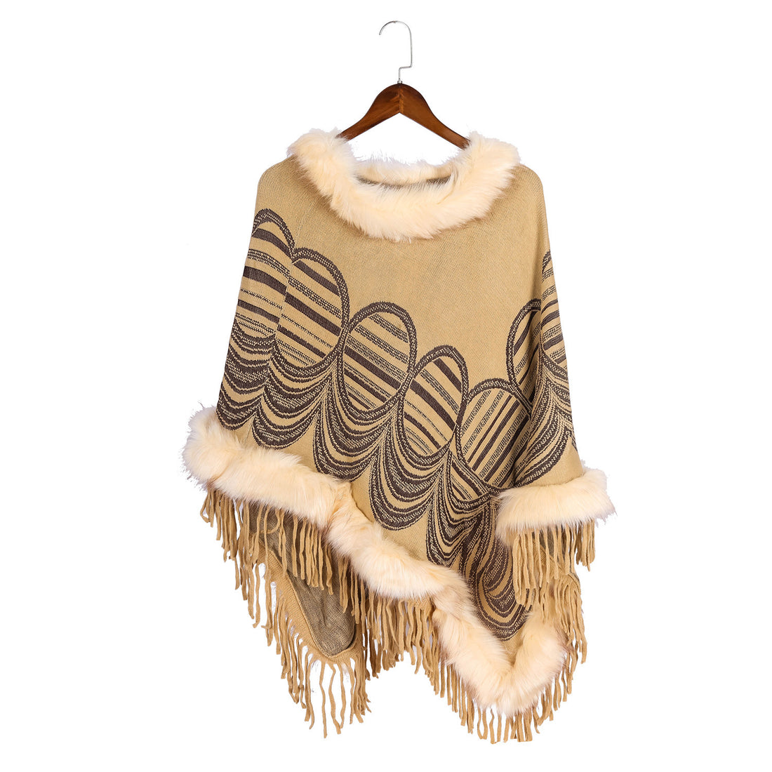 Damen Fransen‑Poncho mit Kunstfellbesatz und Jacquard‑Ruana – Célinea