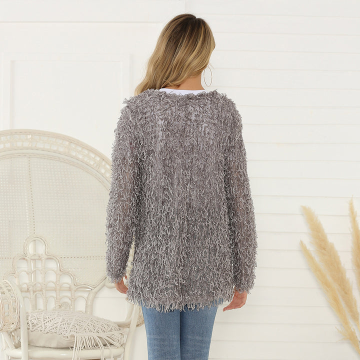 Damen Flauschiger Shaggy-Cardigan mit offener Front & lockerer Passform – Veloura