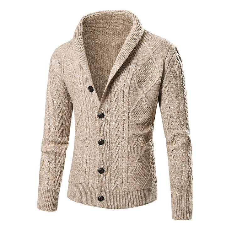 Herren Strickjacke mit modernem Zopfmuster und schickem Schalkragen Echoarchiv