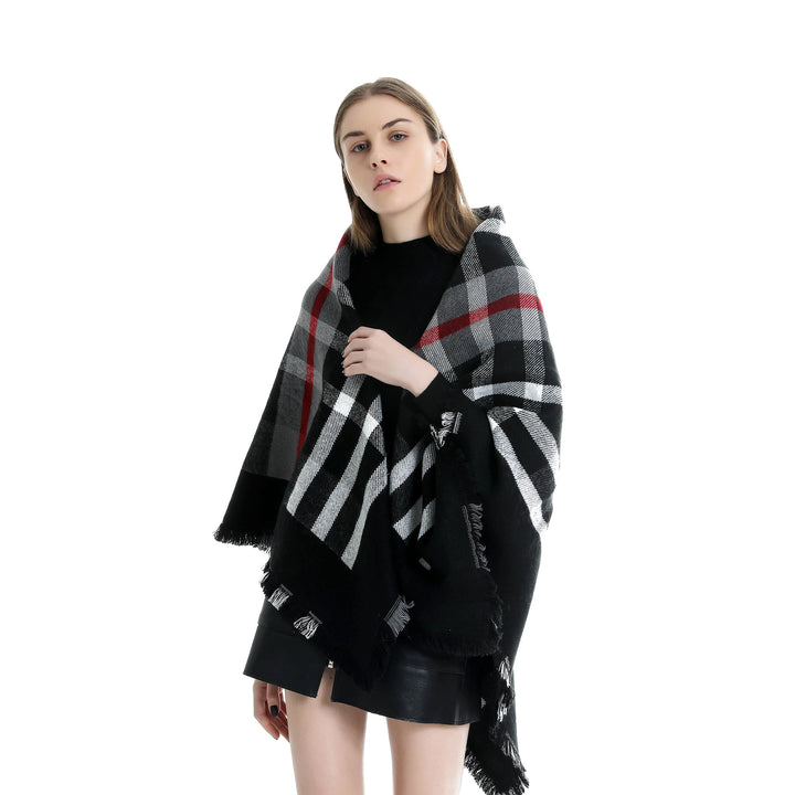 Damen Karierter Wollmix-Capeponcho mit Fransen und Lederverschluss Echo Archiv