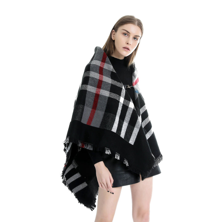 Damen Karierter Wollmix-Capeponcho mit Fransen und Lederverschluss Echo Archiv