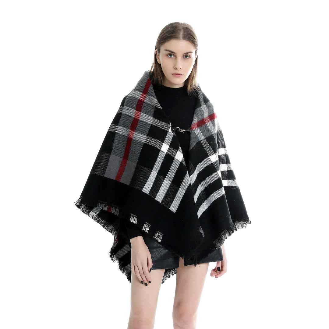 Damen Karierter Wollmix-Capeponcho mit Fransen und Lederverschluss Echo Archiv