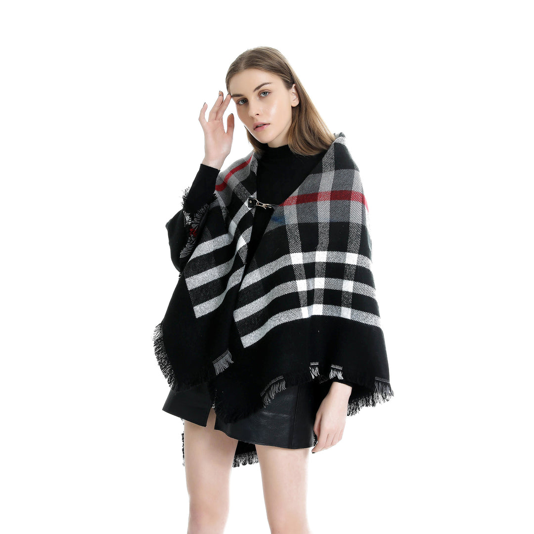 Damen Karierter Wollmix-Capeponcho mit Fransen und Lederverschluss Echo Archiv