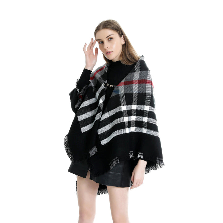 Damen Karierter Wollmix-Capeponcho mit Fransen und Lederverschluss Echo Archiv