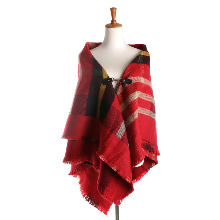 Damen Karierter Wollmix-Capeponcho mit Fransen und Lederverschluss Echo Archiv