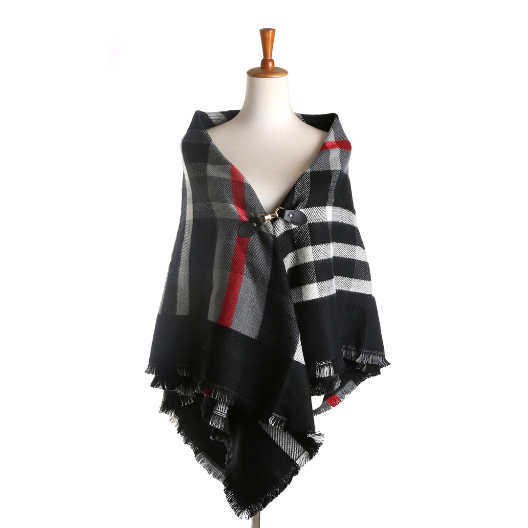 Damen Karierter Wollmix-Capeponcho mit Fransen und Lederverschluss Echo Archiv